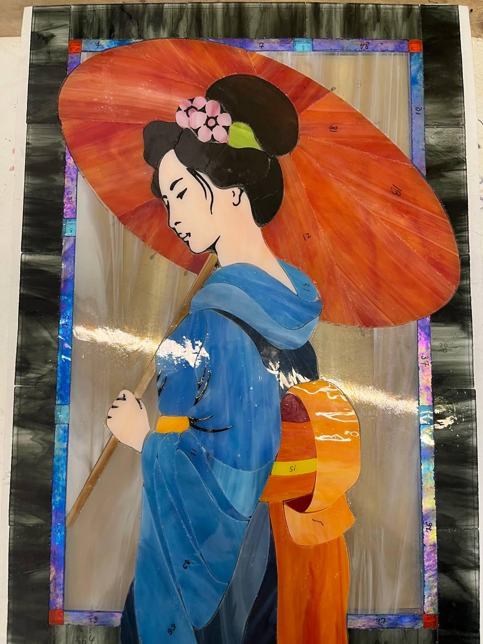 Japanese Geisha Stained Glass Window Hanging, Blue Kimono Art Panel, Red Umbrella Suncatcher (16.5x11")