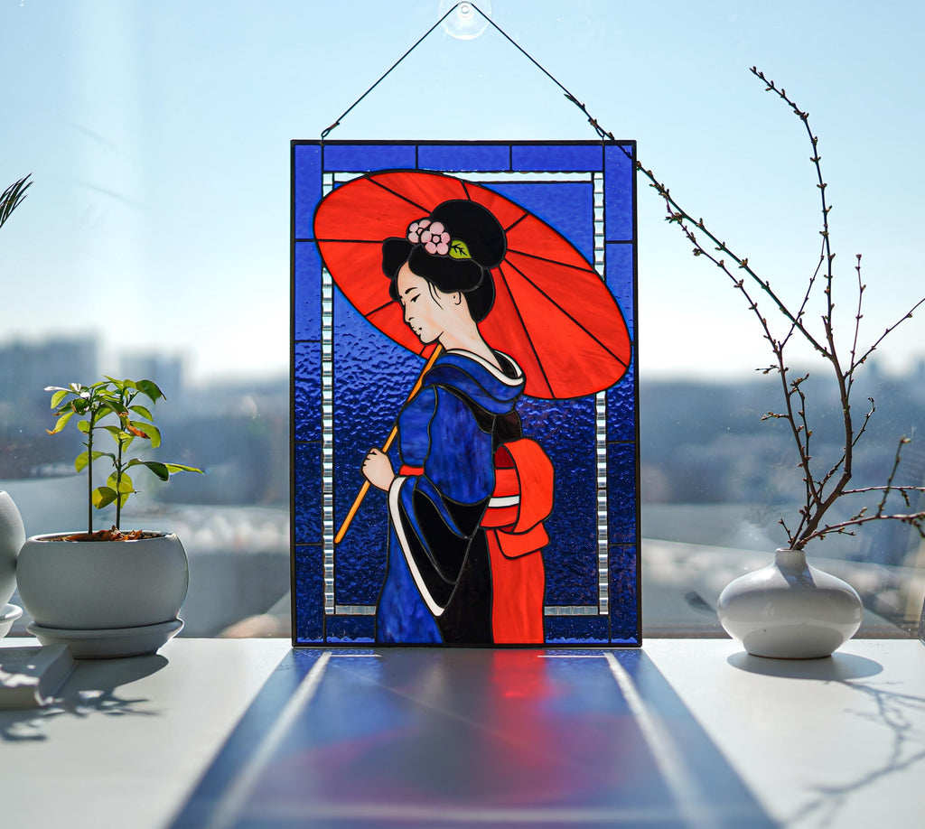 Geisha Red Umbrella Stained Glass Panel Suncatcher, Japanese Tiffany Window Hanging 16.5x11 In, Asian Wall Art Gift for Her