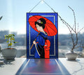 Geisha Red Umbrella Stained Glass Panel Suncatcher, Japanese Tiffany Window Hanging 16.5x11 In, Asian Wall Art Gift for Her