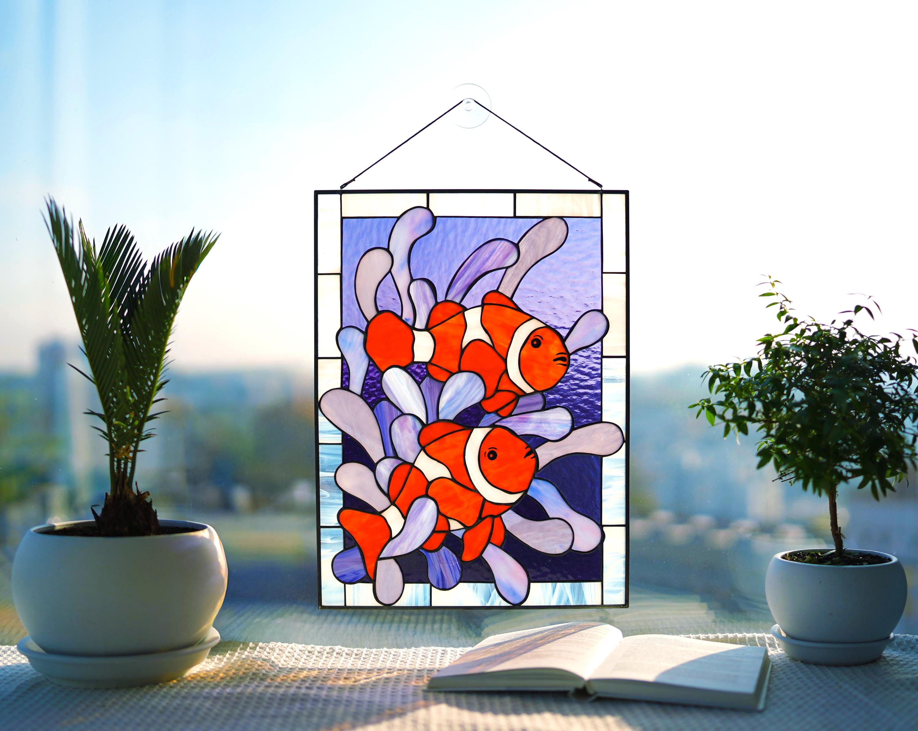 Clownfish Stained Glass Window Panel 11.5x15.5", Nautical Nemo Sun Catcher, Ocean Nursery Window Art, Tropical Fish Gift for Aquarium Lovers