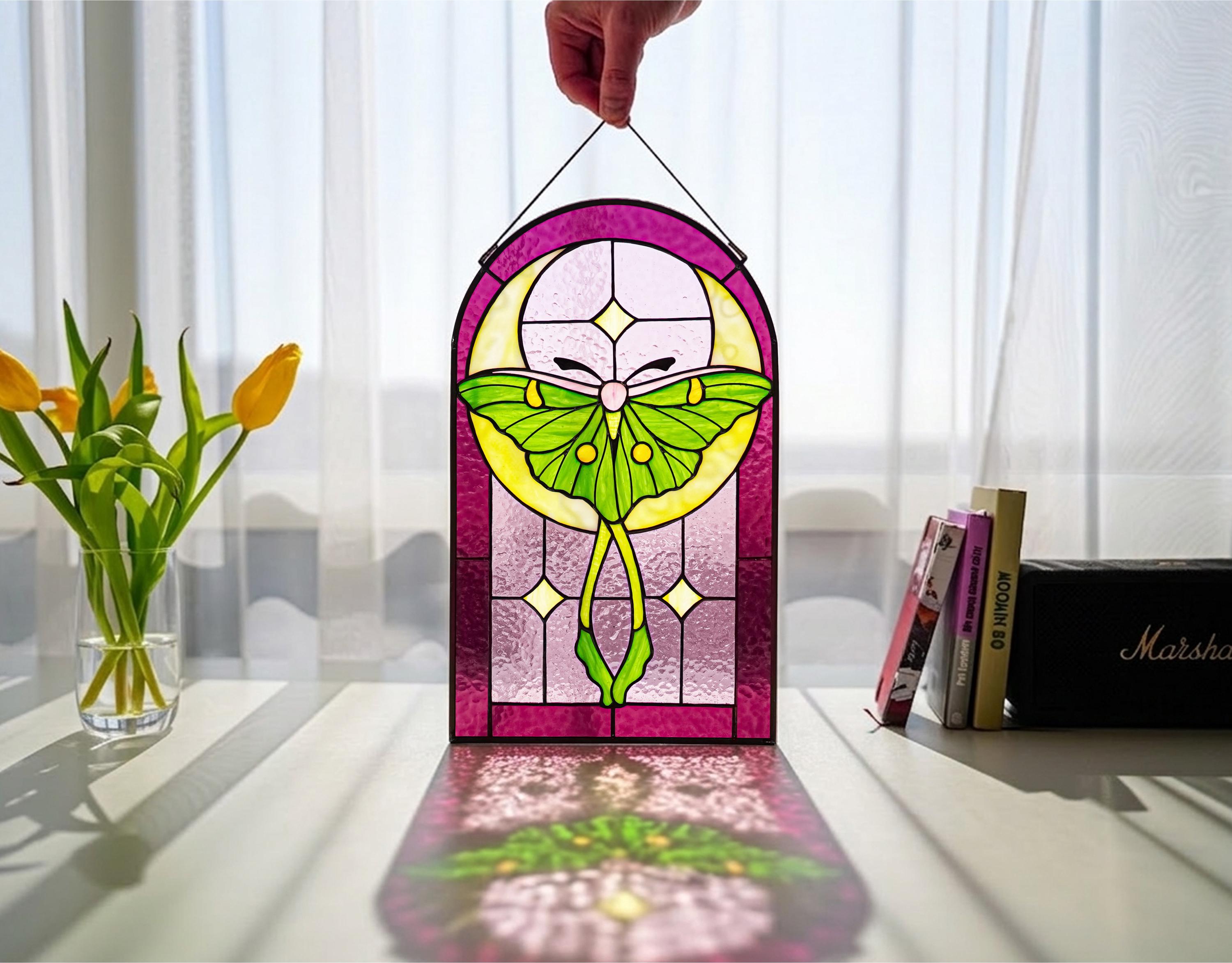 Stained Glass Luna Moth Window Hanging 8.5x14, Moon Suncatcher, Green Butterfly  Panel, Arched Gothic Decor, Botanical Art Father's Day gift
