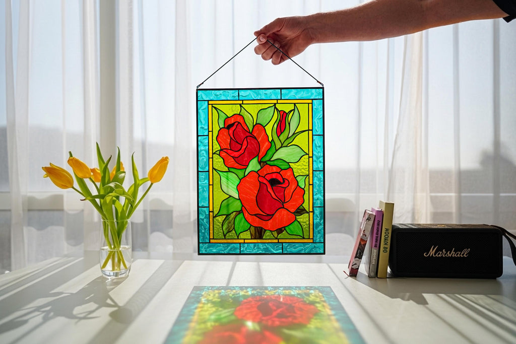 Red Roses Stained Glass Window Panel, Floral Suncatcher Window Hangings, Tiffany Glass Art for Mom, Spring Decor, Eternal Flower Gift 11x14"