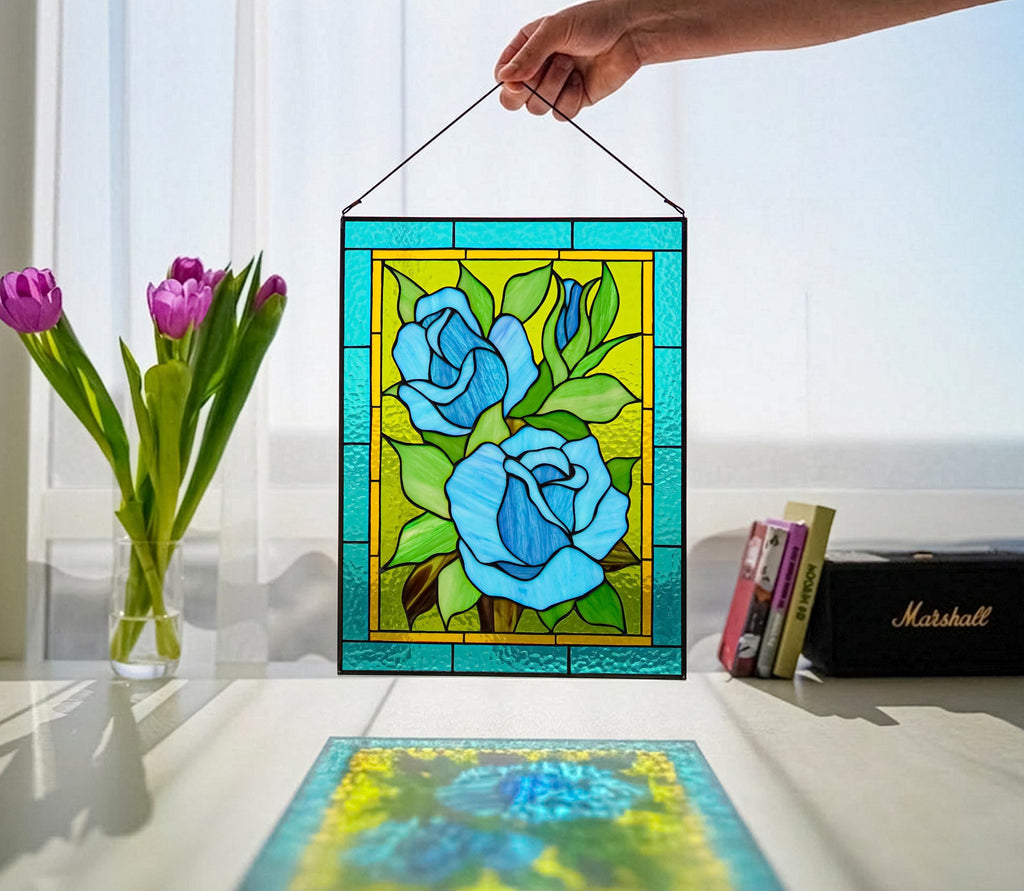 Stained Glass Window Panel Blue Rose 11x14 in.Personalized Gift for Mom, Large Window Hangings, Custom Flower Suncatchers, Tiffany Glass art