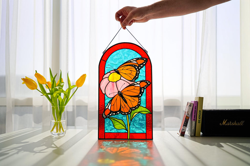 Monarch Butterfly Stained Glass Window Hanging 15x8.5 in, Butterflies on Flower Suncatcher, Arched Glass Panel, Home Decor, Gift for Mom