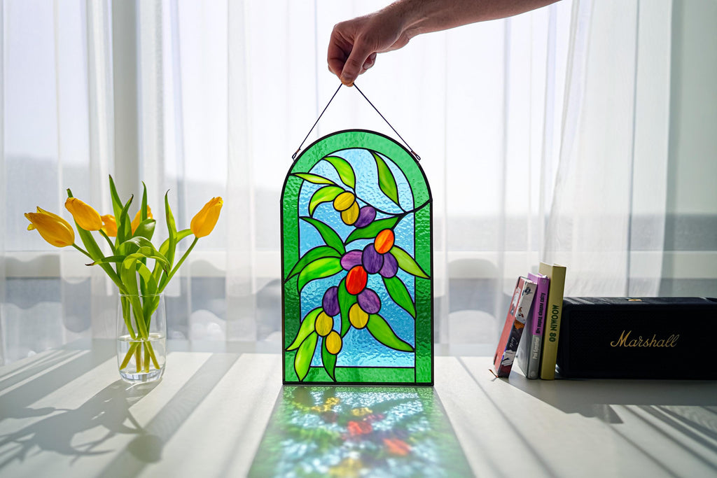 Olive Branch Stained Glass Window Hanging 14.5x8.5 in, Arched Botanical Panel, Mediterranean Decor Suncatcher, Handcrafted Father's Day gift