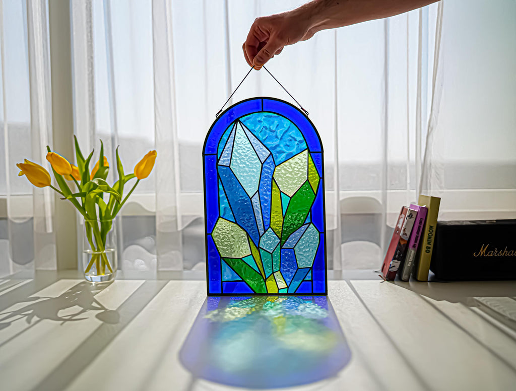 Crystal Cluster Stained Glass Panel, Geometric Suncatcher, Blue Quartz Wall Art (13.5x8.5 inches)