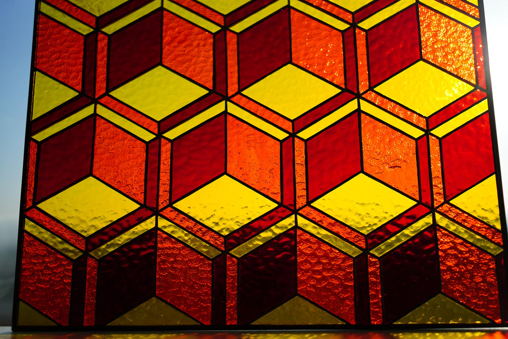 3D Geometric Stained Glass Panel, Cube Illusion Suncatcher, Mid Century Window Decor
