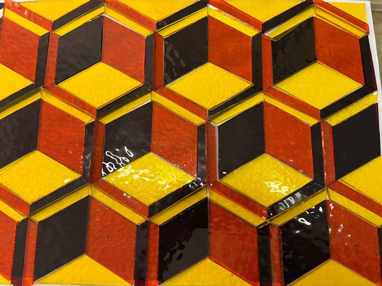 3D Geometric Stained Glass Panel, Cube Illusion Suncatcher, Mid Century Window Decor