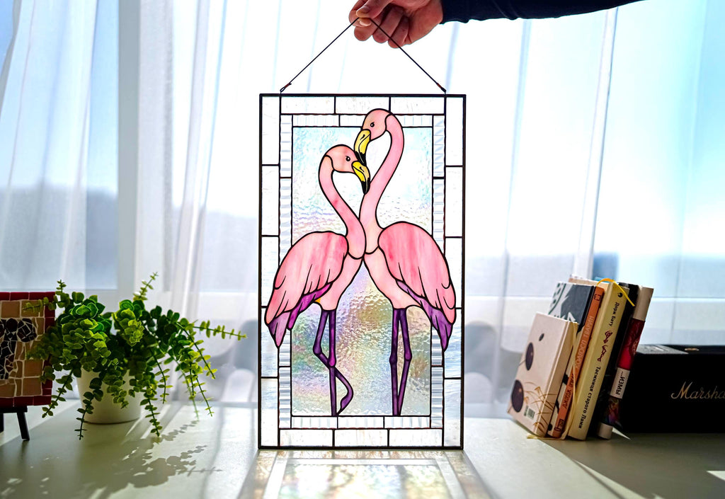 Stained Glass Flamingo Panel, Pink Birds Suncatcher, Tiffany Style Glass Art, Romantic Couple Gift, Tropical Home Decor, 17.5 x 10.2 in.