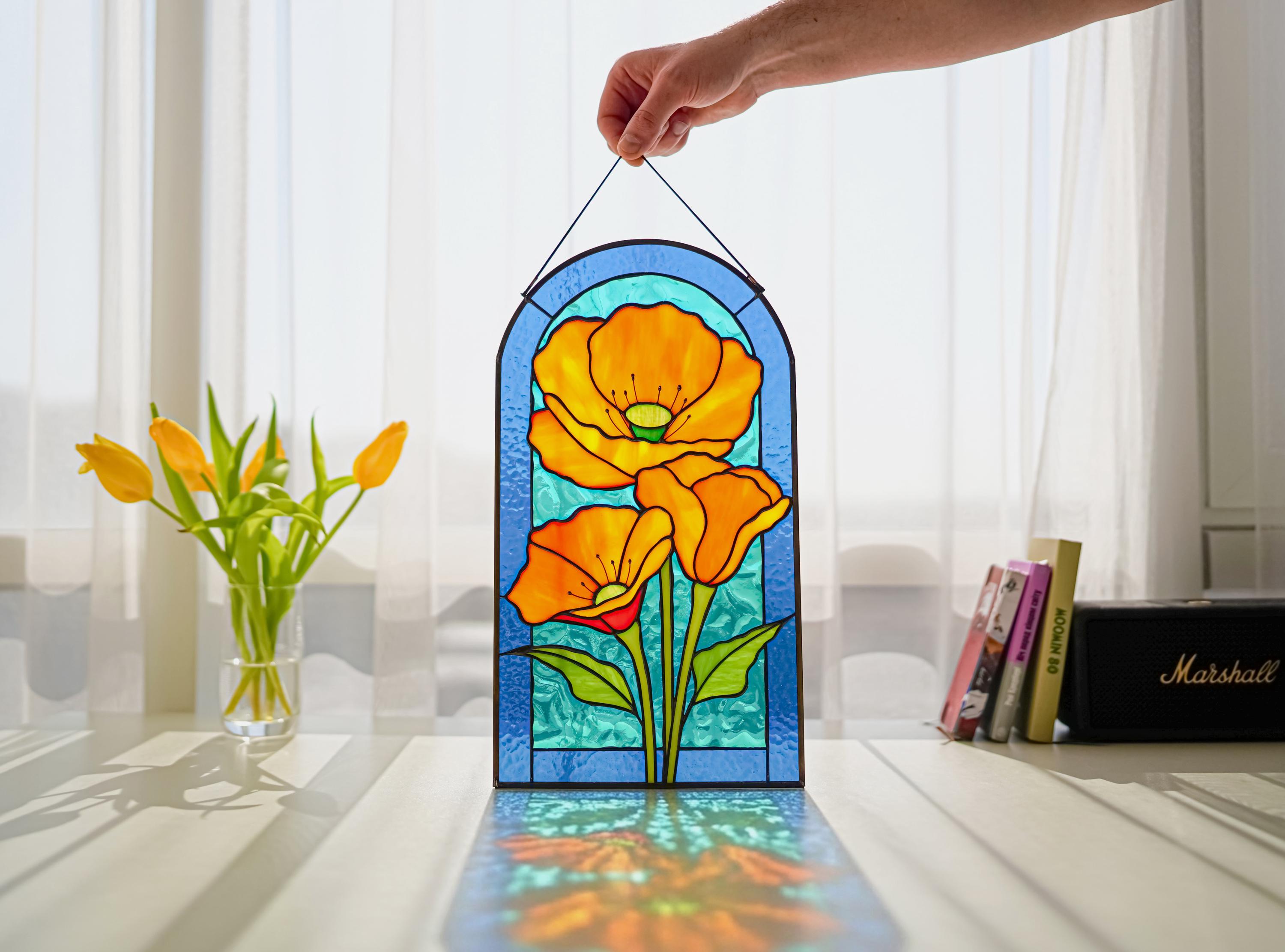 Orange Poppy Stained Glass Window Hanging, California Floral Suncatcher Panel