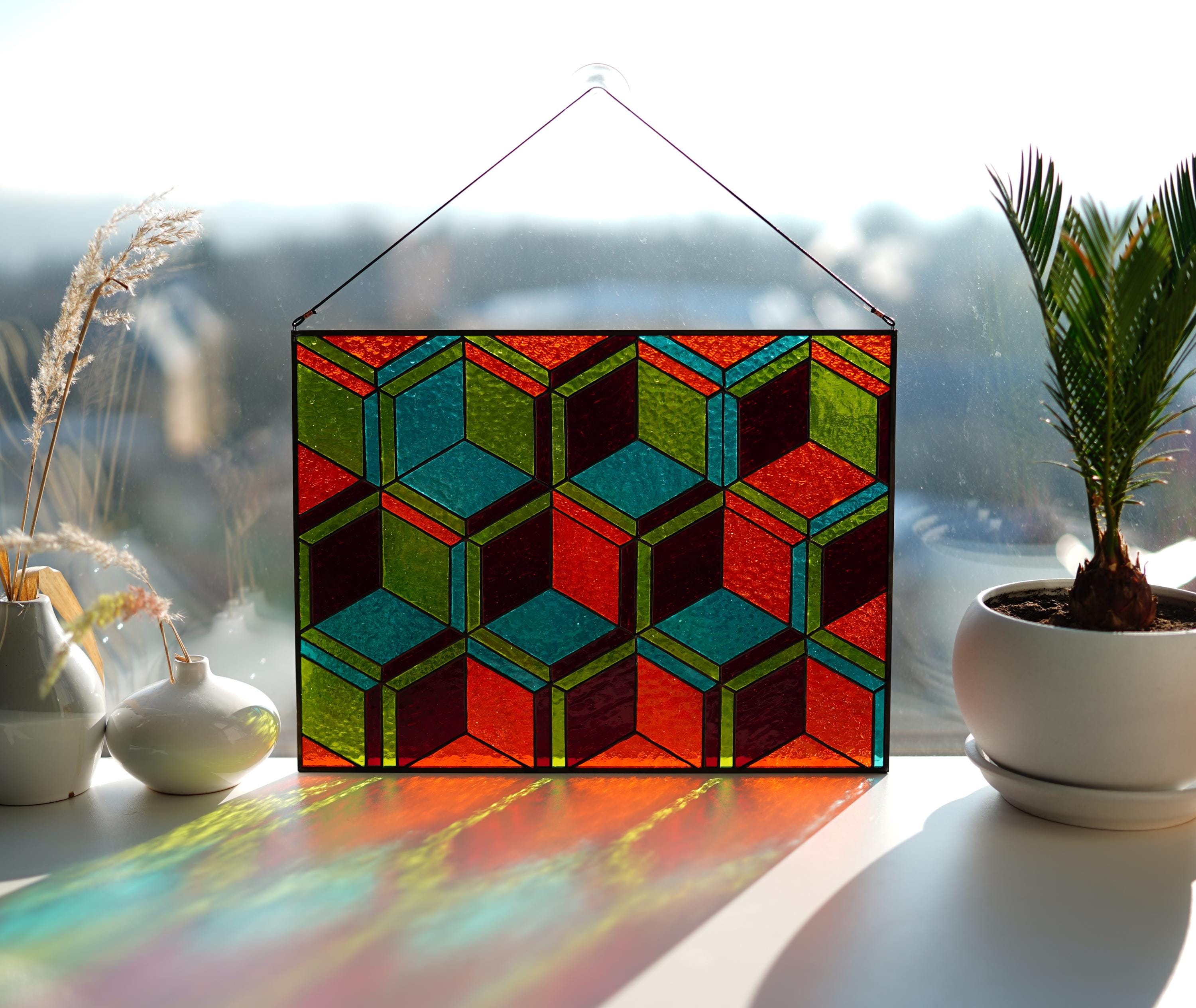 Cube Stained Glass Panel 15.5x11.5", Geometric Sun-catcher, Modern Window Hanging