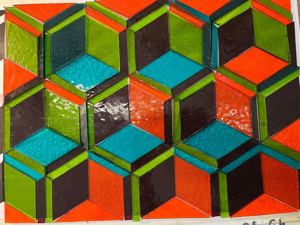 Cube Stained Glass Panel 15.5x11.5", Geometric Sun-catcher, Modern Window Hanging