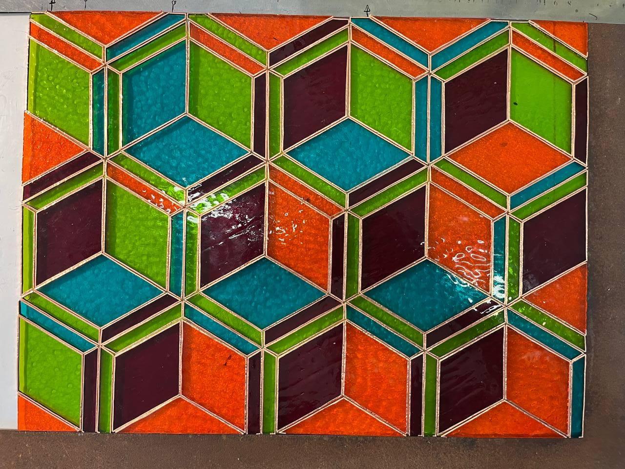 Cube Stained Glass Panel 15.5x11.5", Geometric Sun-catcher, Modern Window Hanging