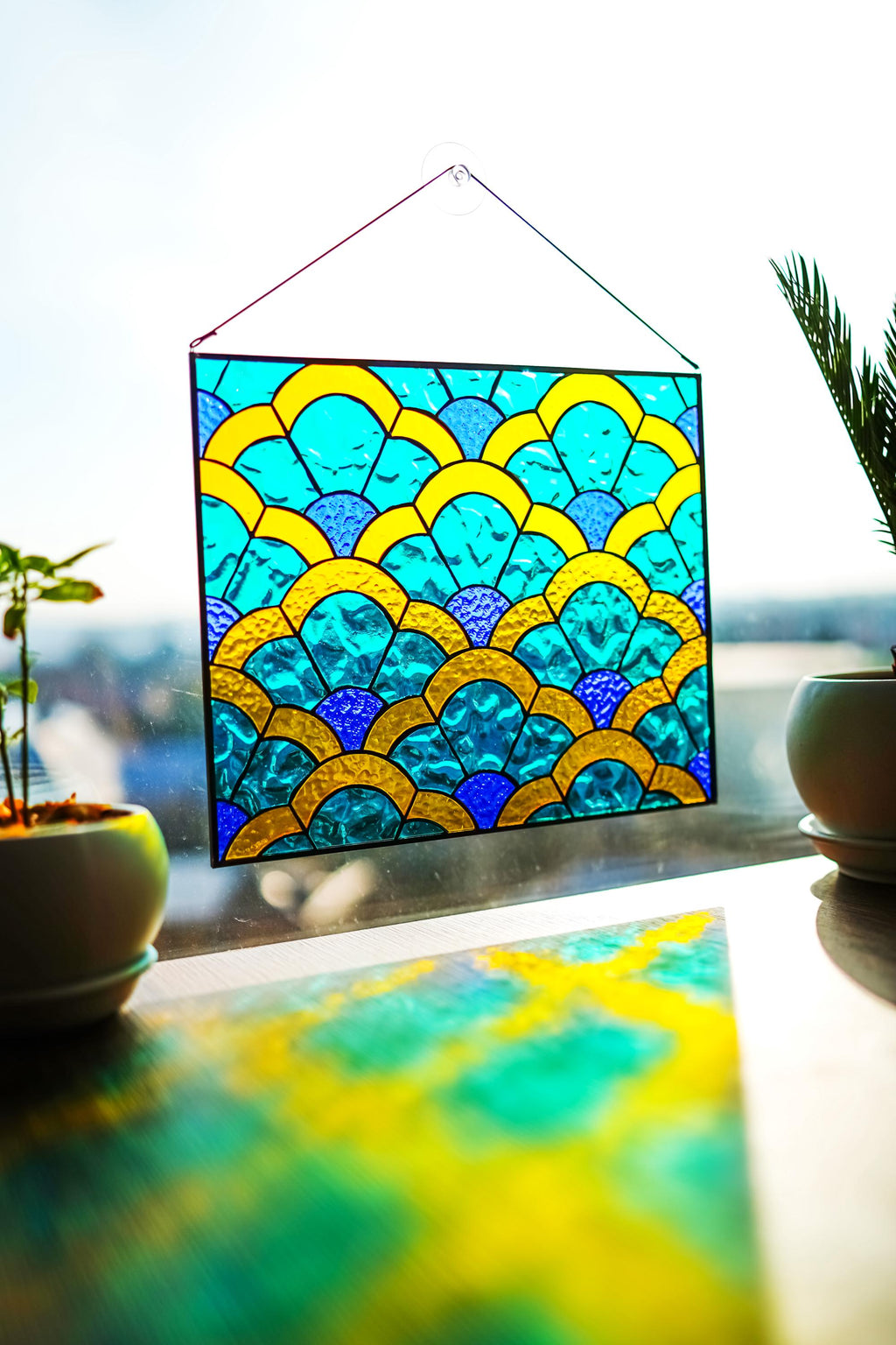 Art Deco Geometric Stained Glass Panel 13.5x11 in. Scallop Pattern Suncatcher, Colorful Blue and Gold Window Hanging, Modern Glass Art Decor