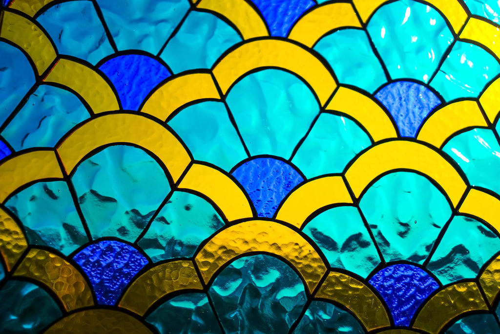 Art Deco Geometric Stained Glass Panel 13.5x11 in. Scallop Pattern Suncatcher, Colorful Blue and Gold Window Hanging, Modern Glass Art Decor