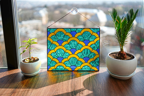 Art Deco Geometric Stained Glass Panel 13.5x11 in. Scallop Pattern Suncatcher, Colorful Blue and Gold Window Hanging, Modern Glass Art Decor