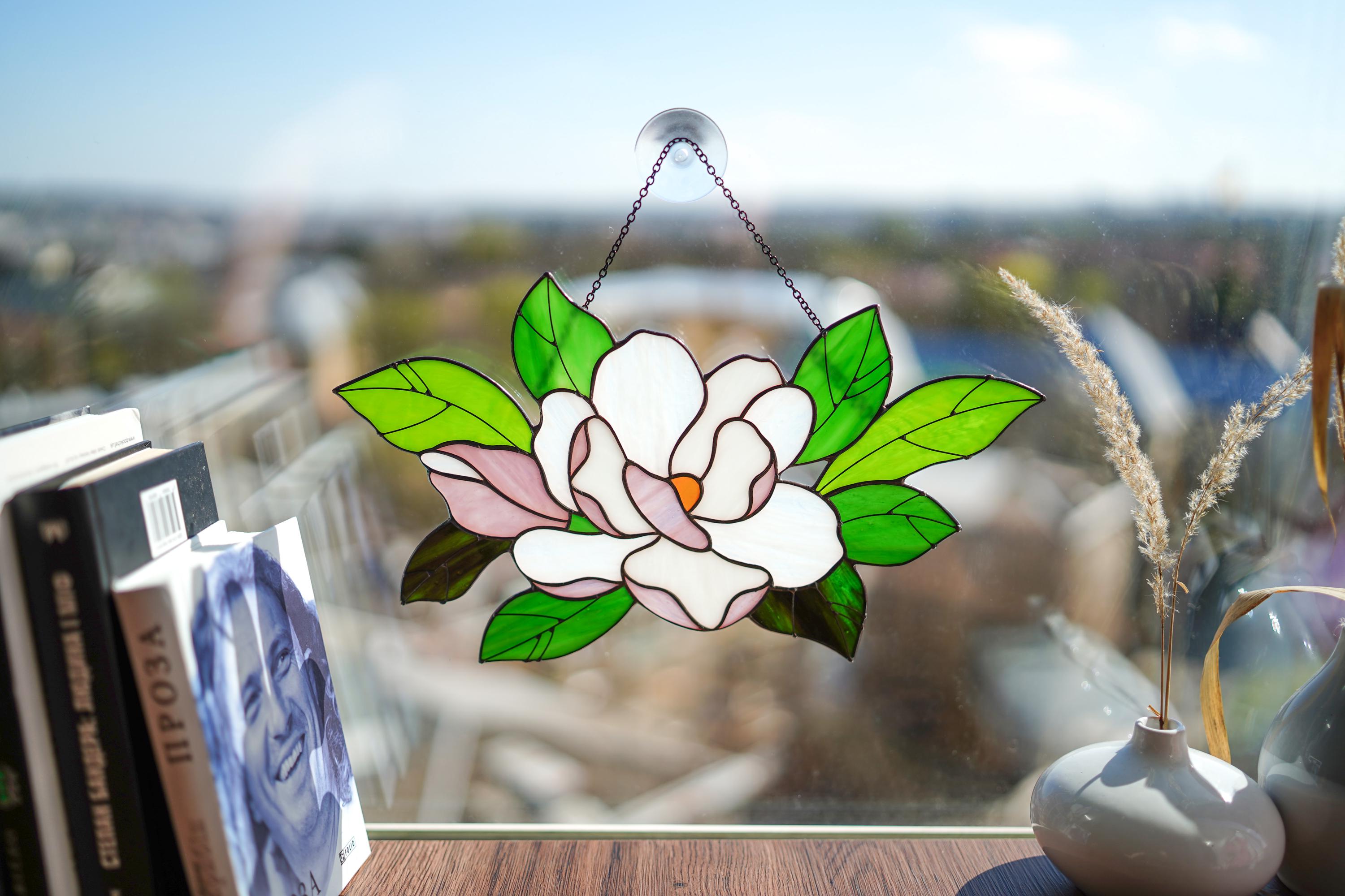 Stained Glass Magnolia Suncatcher 13.5x8 Inch, Mother's Day Gift for Mom, Handmade Window Hanging, White Floral Wall Art, Tiffany Glass Art