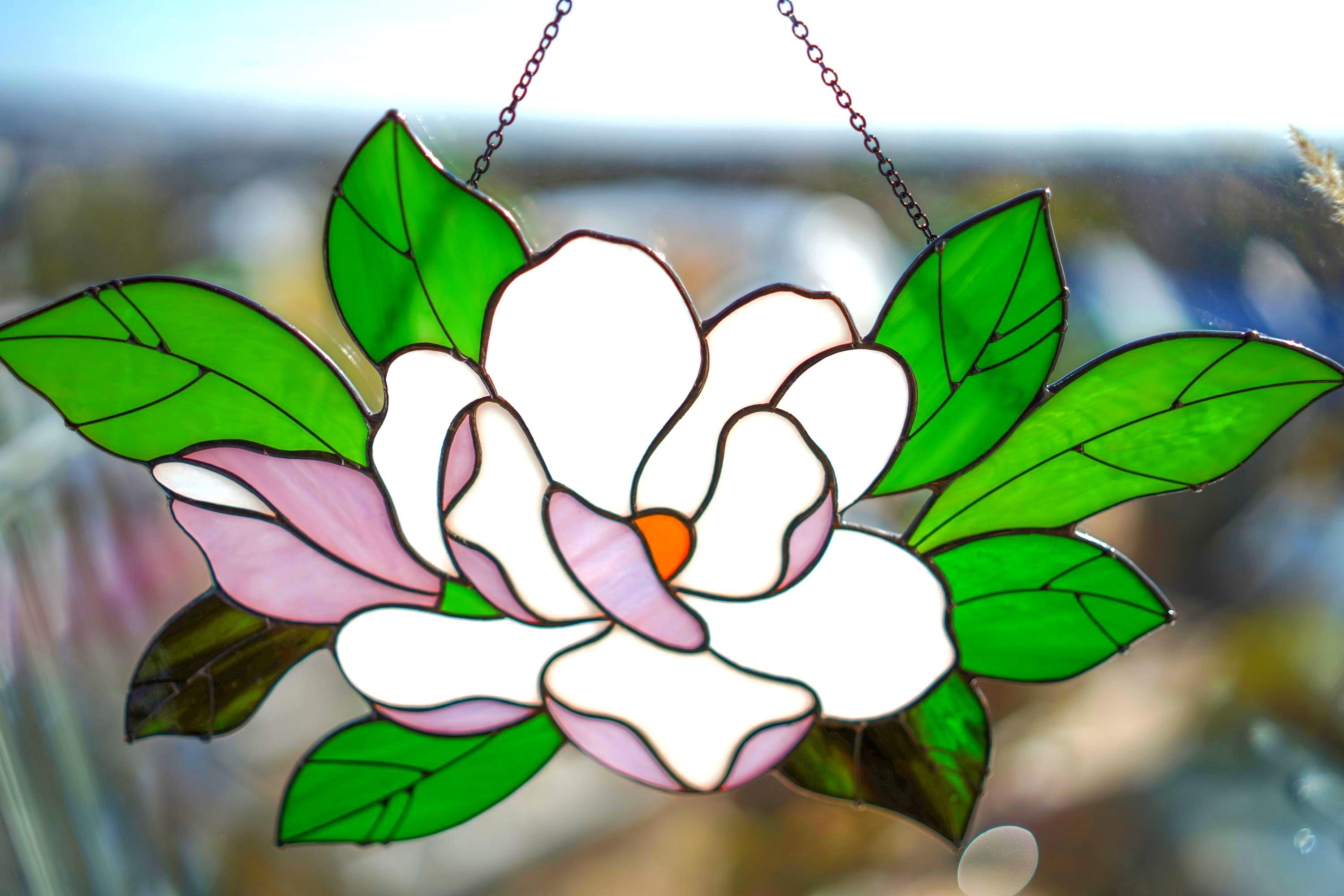 Stained Glass Magnolia Suncatcher 13.5x8 Inch, Mother's Day Gift for Mom, Handmade Window Hanging, White Floral Wall Art, Tiffany Glass Art