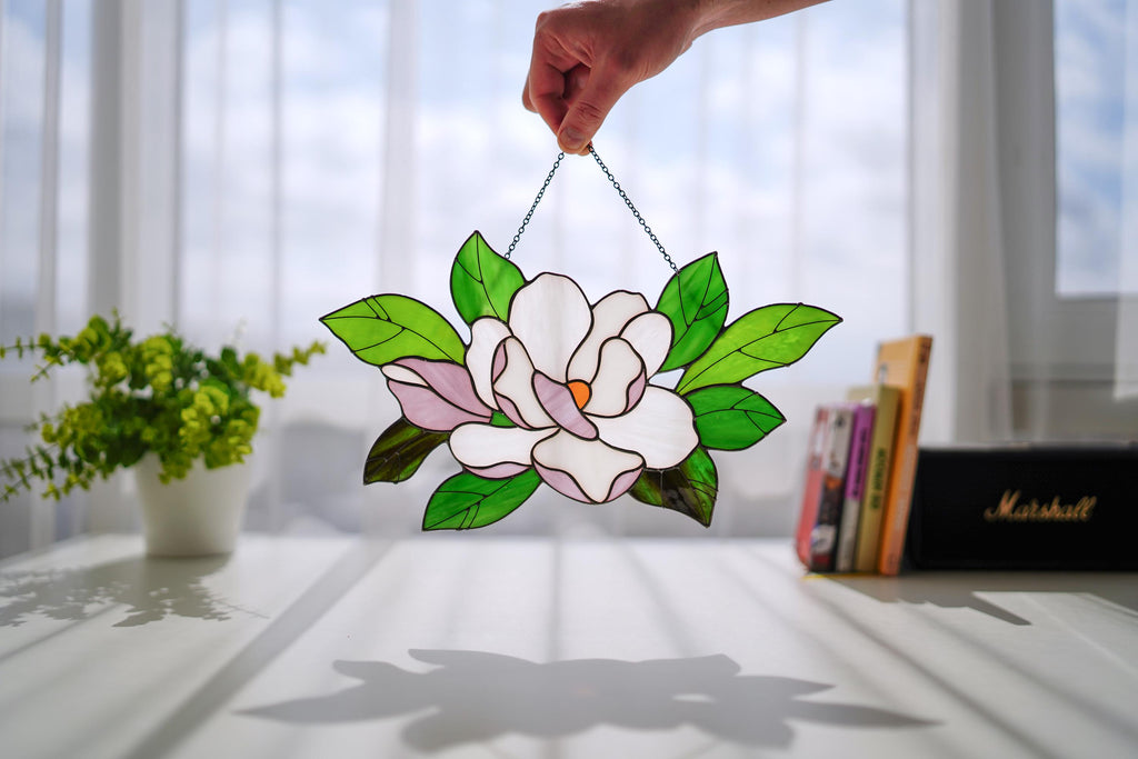Stained Glass Magnolia Suncatcher 13.5x8 Inch, Mother's Day Gift for Mom, Handmade Window Hanging, White Floral Wall Art, Tiffany Glass Art
