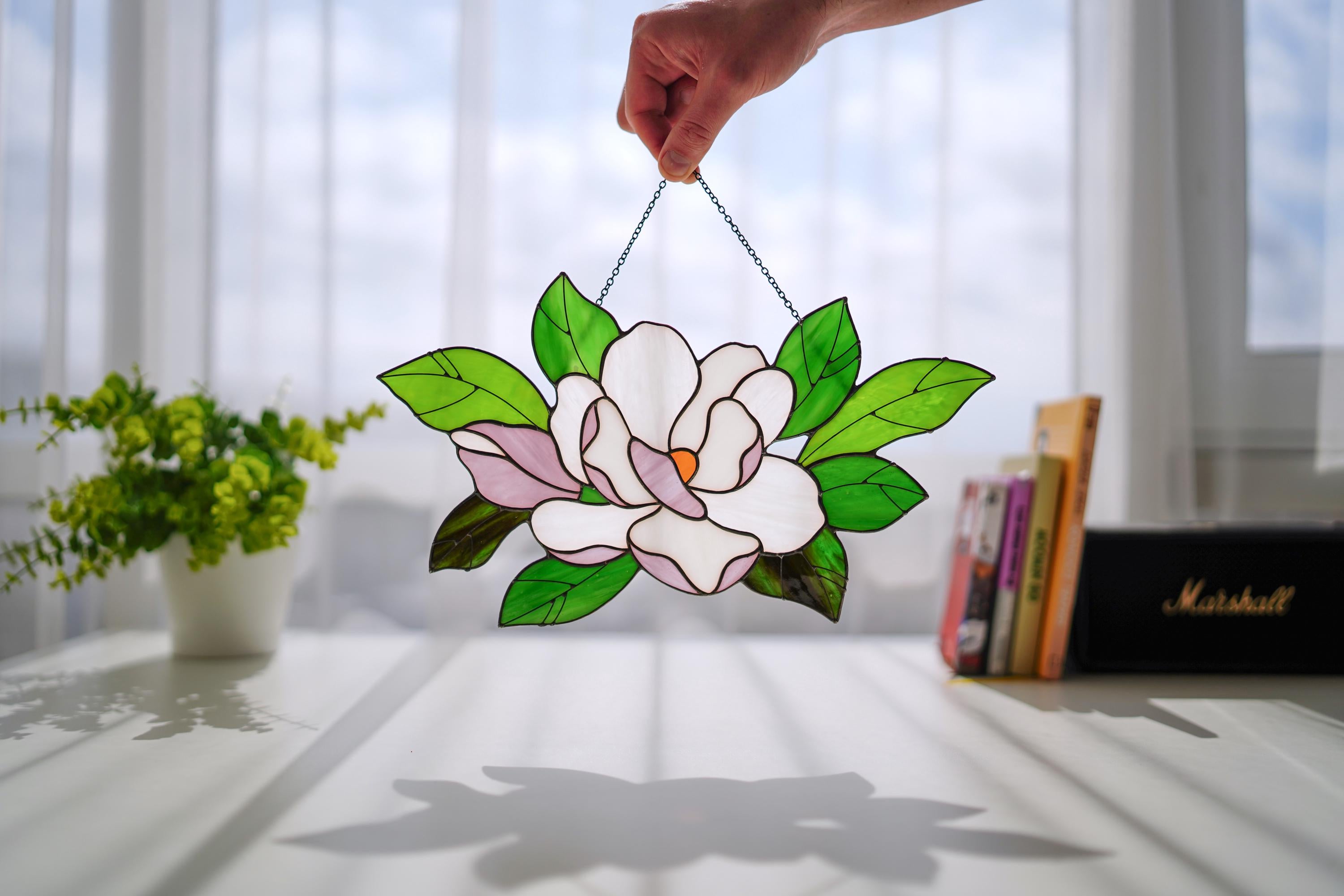 Stained Glass Magnolia Suncatcher 13.5x8 Inch, Mother's Day Gift for Mom, Handmade Window Hanging, White Floral Wall Art, Tiffany Glass Art