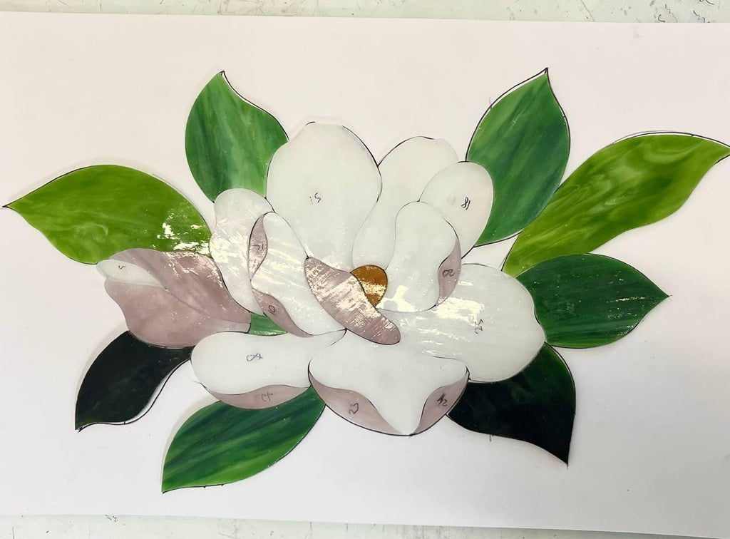 Stained Glass Magnolia Suncatcher 13.5x8 Inch, Mother's Day Gift for Mom, Handmade Window Hanging, White Floral Wall Art, Tiffany Glass Art