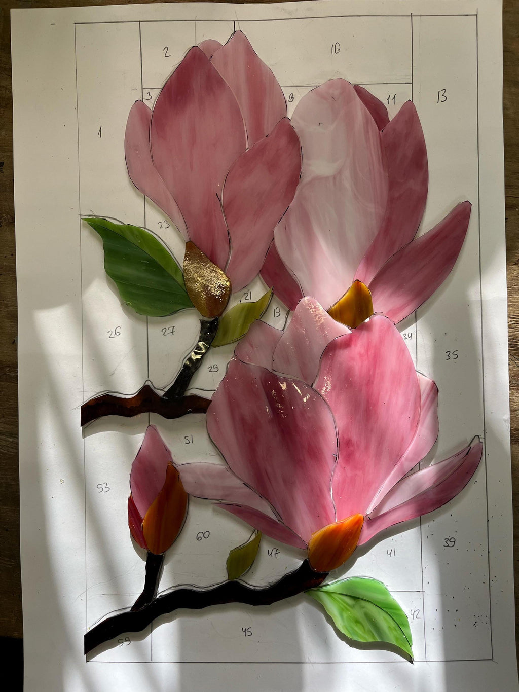 Stained Glass Pink Magnolia Panel 15.5x10 Inch, Handmade Window Hanging, Floral Branch Wall Art, Tiffany Technique, Mother's Day Gift