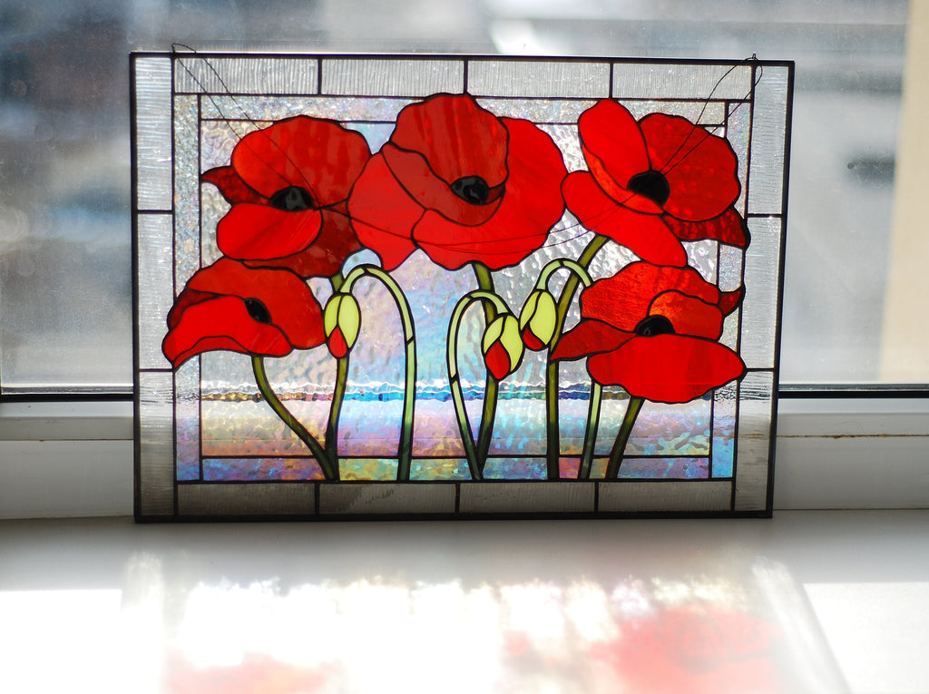 Red Poppy Stained Glass Panel Suncatcher 15x11.5 In, Kitchen Window Decor