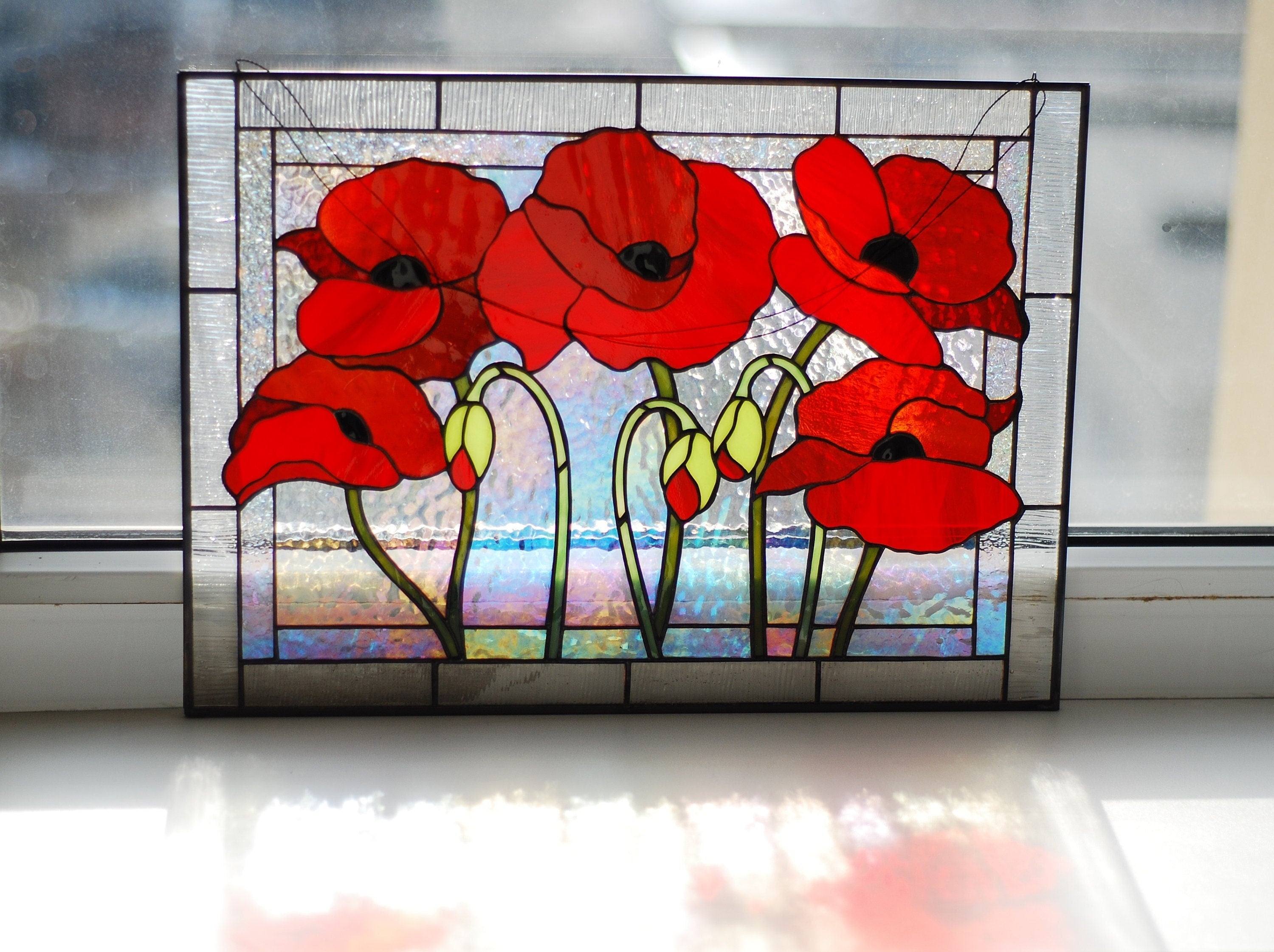 Red Poppy Stained Glass Panel Suncatcher 15x11.5 In, Kitchen Window Decor