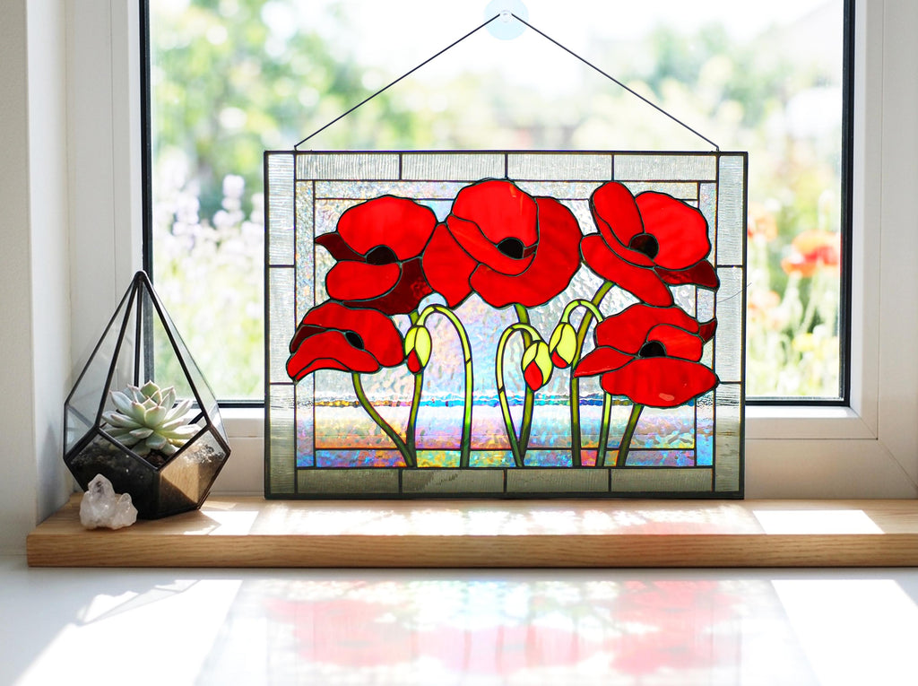 Red Poppy Stained Glass Panel Suncatcher 15x11.5 In, Kitchen Window Decor