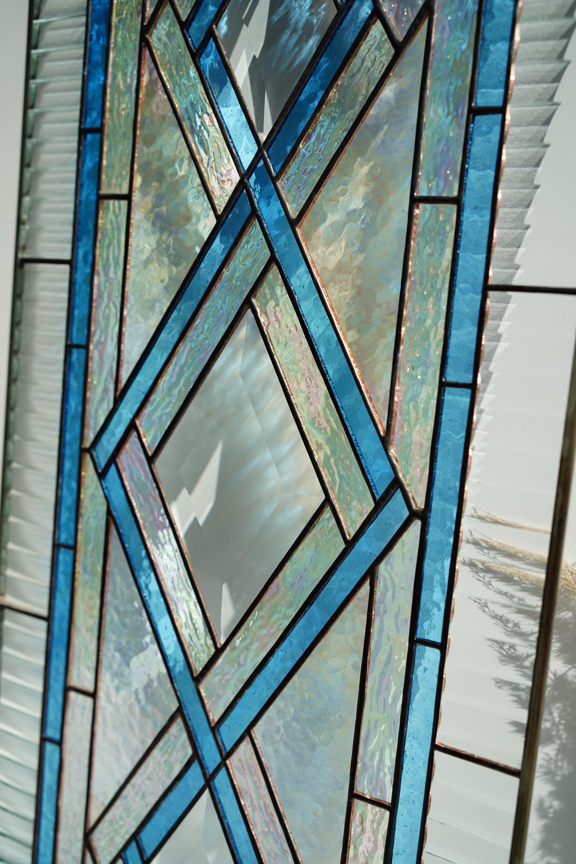 Stained Glass Geometric Bevel Panel 19.5x9 Inch, Handmade Iridescent Blue Diamond Window Hanging, Modern Wall Art, Personalized Gift