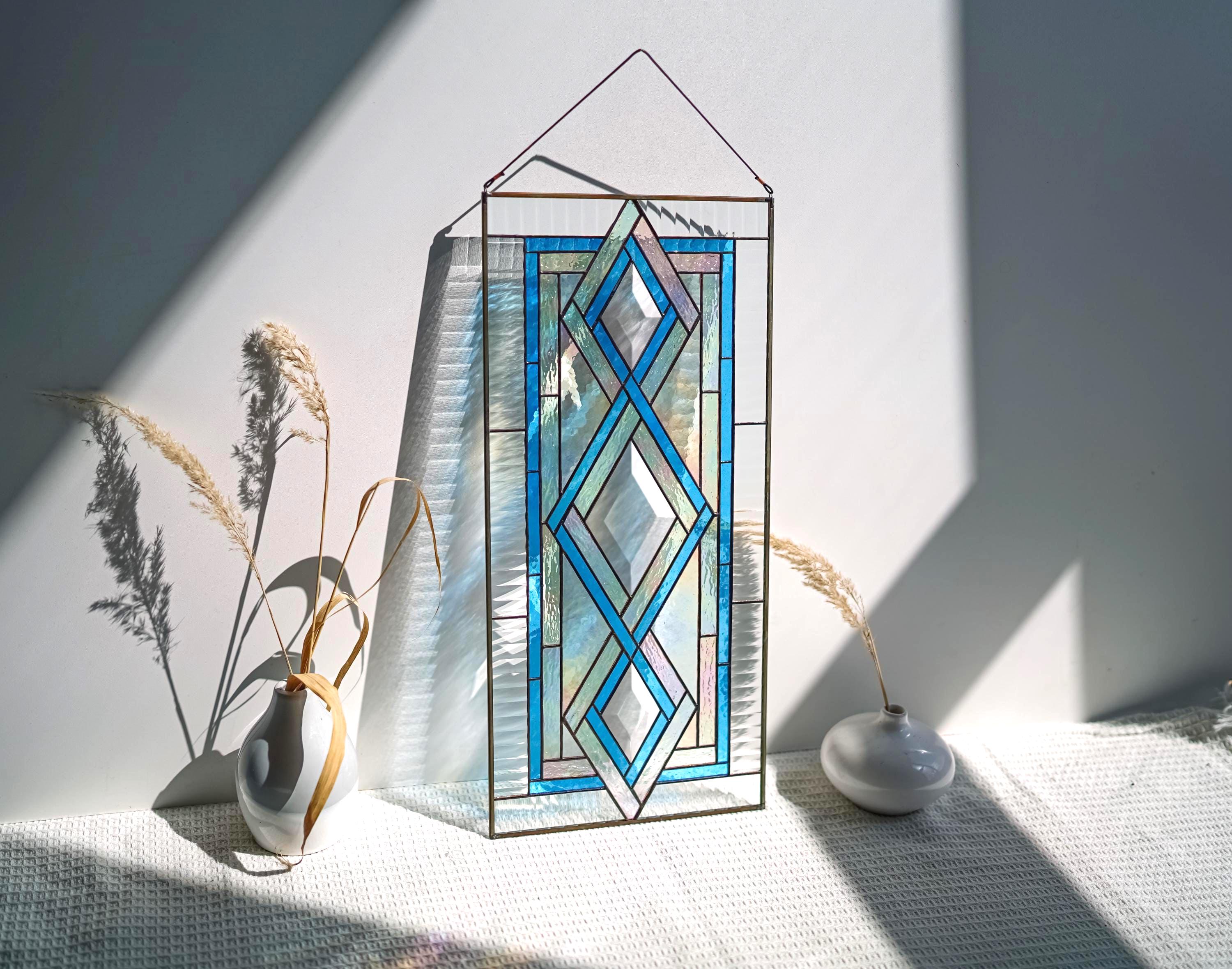 Stained Glass Geometric Bevel Panel 19.5x9 Inch, Handmade Iridescent Blue Diamond Window Hanging, Modern Wall Art, Personalized Gift