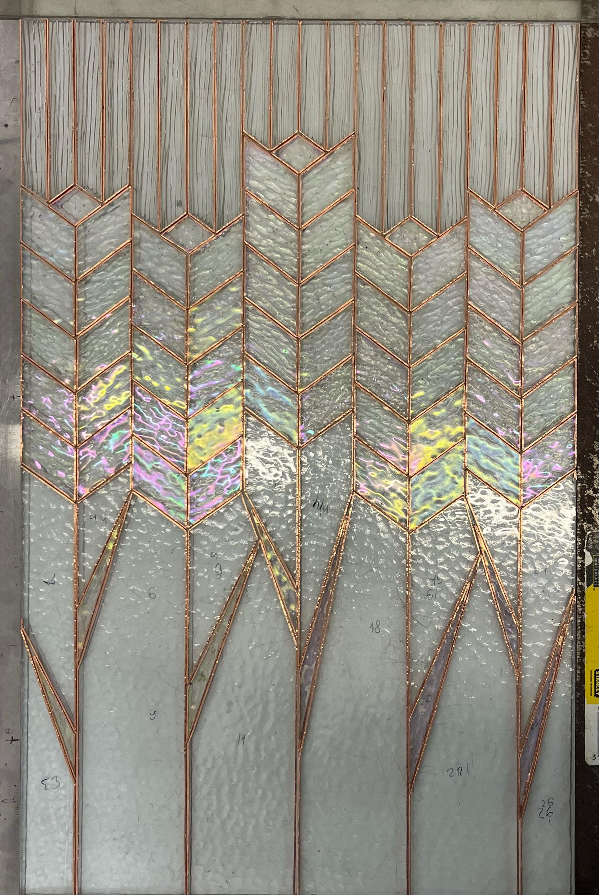 Stained Glass Wheat Panel 19x12.2 In, Handmade Iridescent Wheat Stalks Suncatcher, Window Hanging, Modern Wall Art, Mother’s Day gift