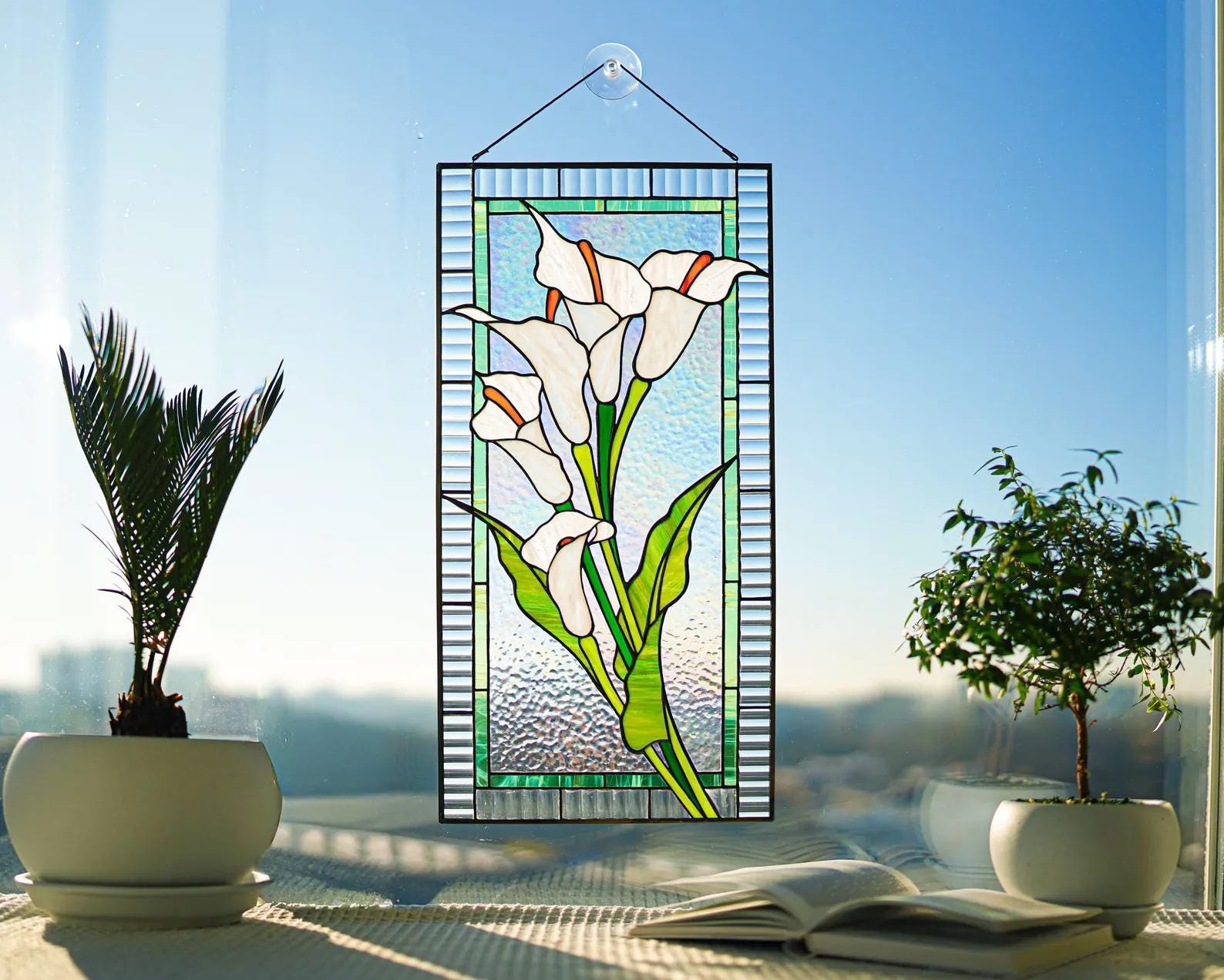Stained Glass Panel Calla Lily White Flower Window Hanging, Large Stained Glass Suncatcher Tiffany glass art, Handmade Mother’s Day gift