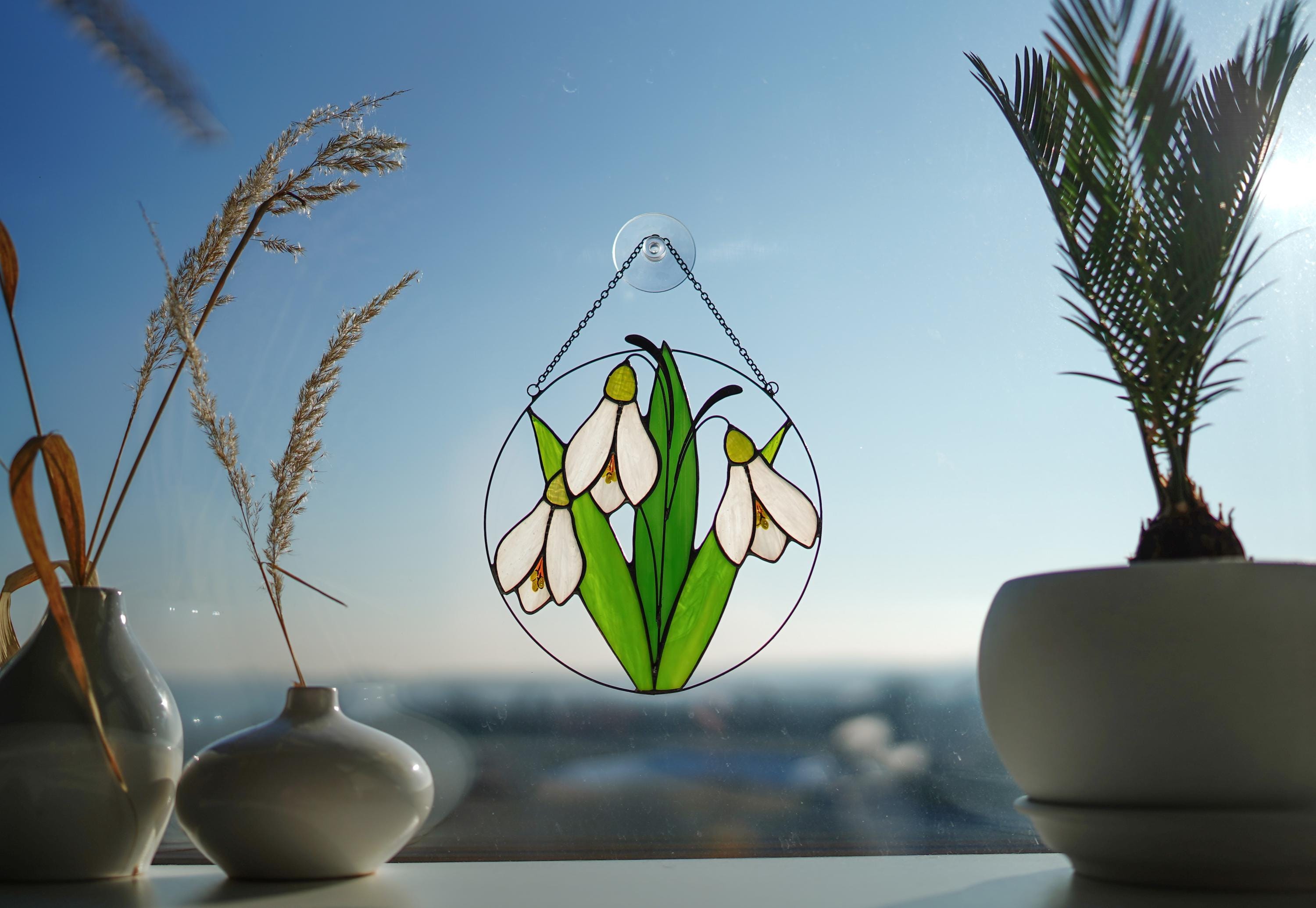 Handmade Stained Glass Snowdrop Suncatcher, 7 Inch Round Spring Flower Decor