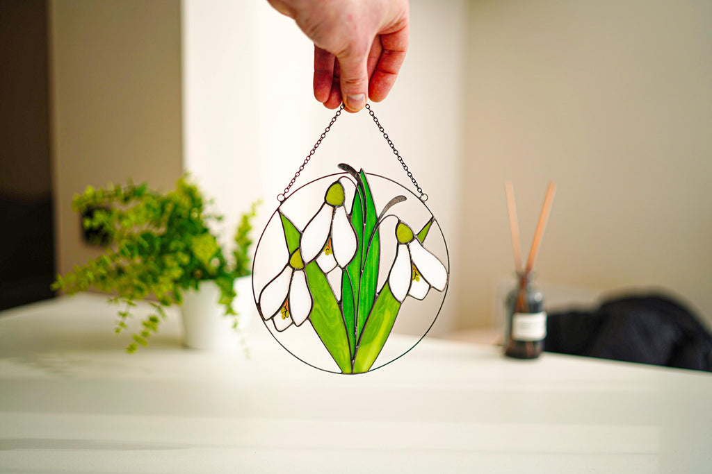 Handmade Stained Glass Snowdrop Suncatcher, 7 Inch Round Spring Flower Decor