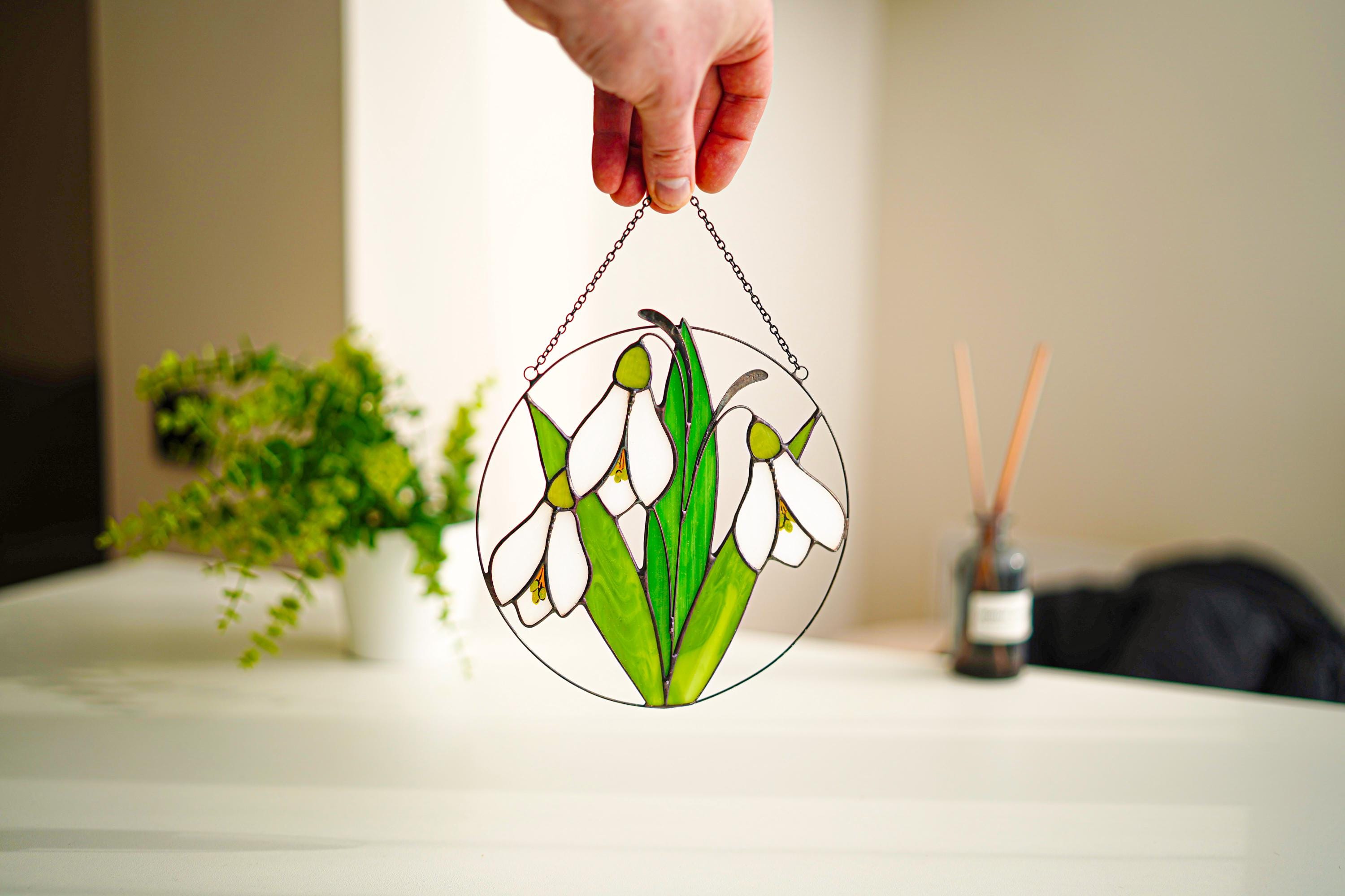 Handmade Stained Glass Snowdrop Suncatcher, 7 Inch Round Spring Flower Decor
