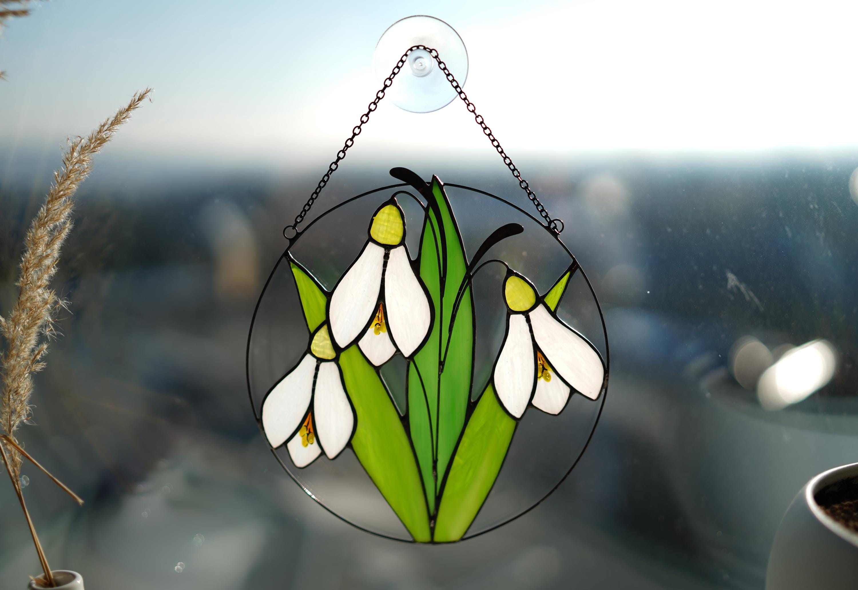 Handmade Stained Glass Snowdrop Suncatcher, 7 Inch Round Spring Flower Decor
