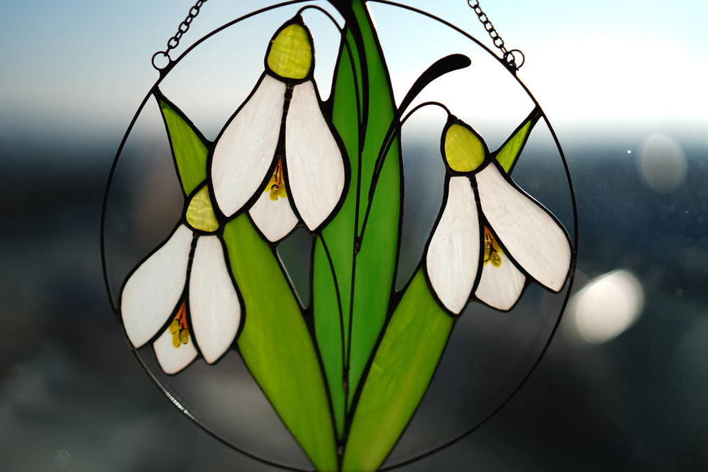 Handmade Stained Glass Snowdrop Suncatcher, 7 Inch Round Spring Flower Decor