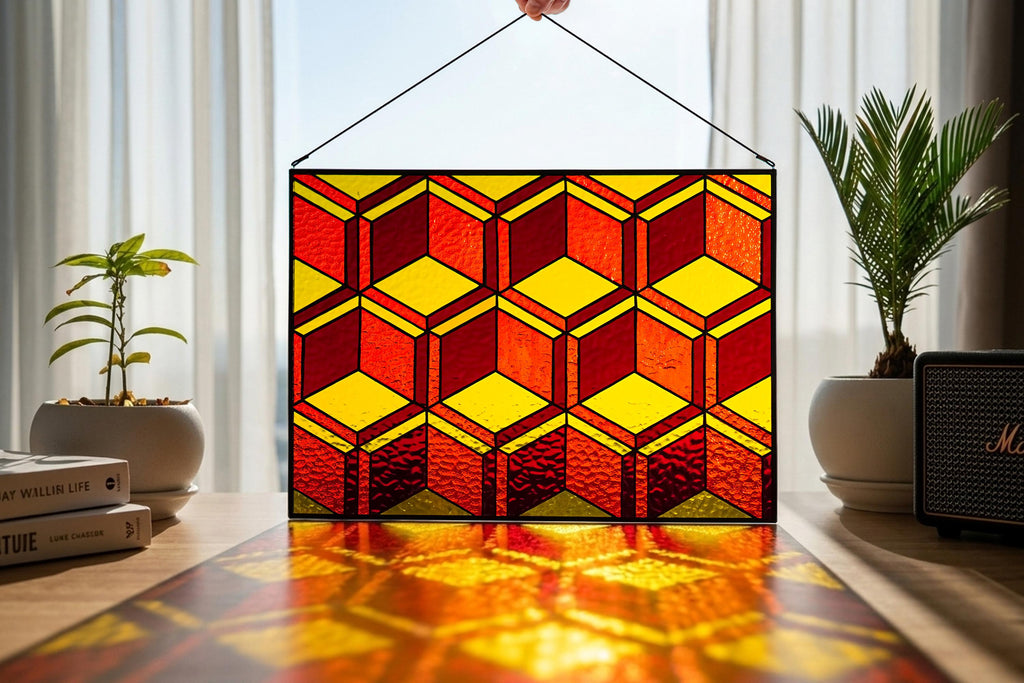 3D Geometric Stained Glass Panel, Cube Illusion Suncatcher, Mid Century Window Decor