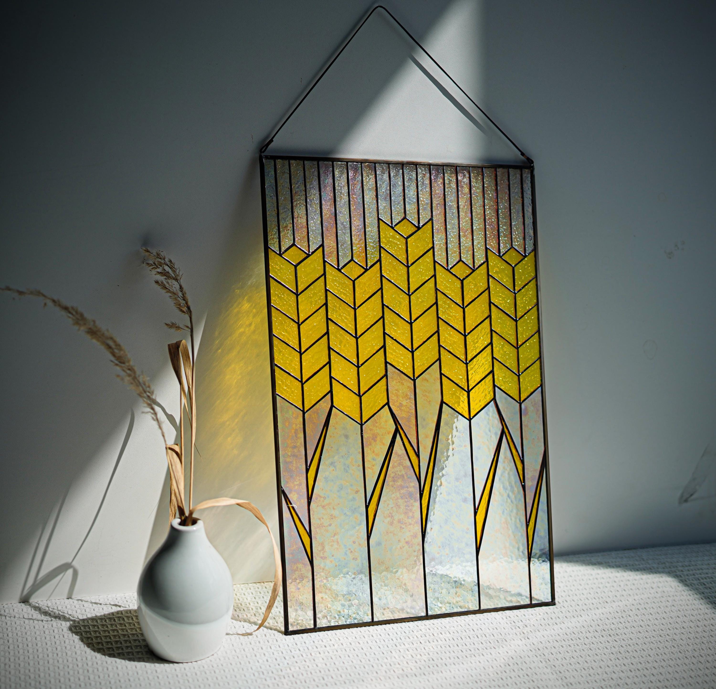 Golden Wheat Ears Stained Glass Panel Suncatcher, Ukrainian Spikelet Window Hanging 19x12.2 In, Harvest Wall Art, Farmhouse Kitchen Gift
