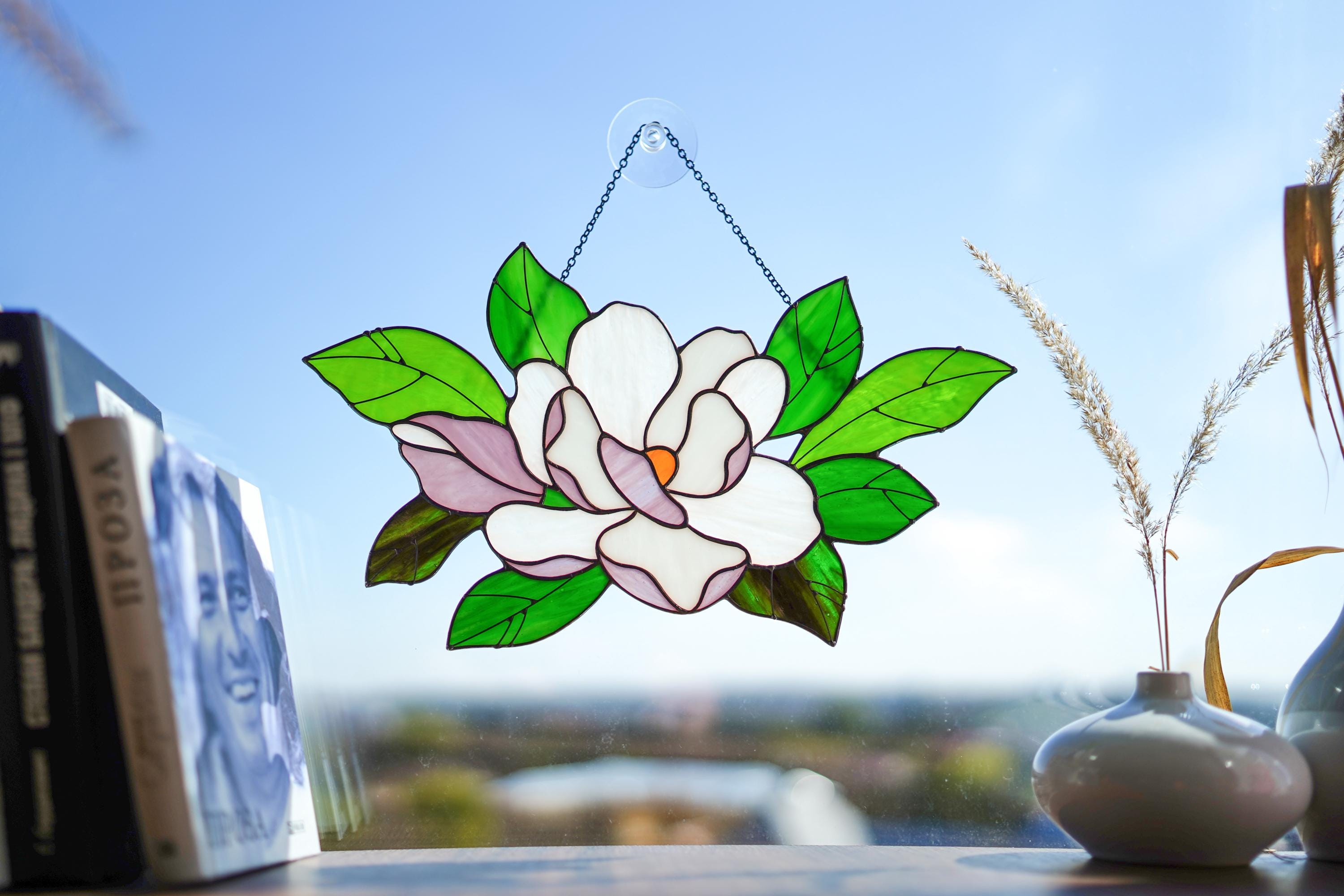 Stained Glass Magnolia Suncatcher 13.5x8 Inch, Mother's Day Gift for Mom, Handmade Window Hanging, White Floral Wall Art, Tiffany Glass Art