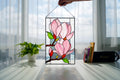 Stained Glass Pink Magnolia Panel 15.5x10 Inch, Handmade Window Hanging, Floral Branch Wall Art, Tiffany Technique, Mother's Day Gift