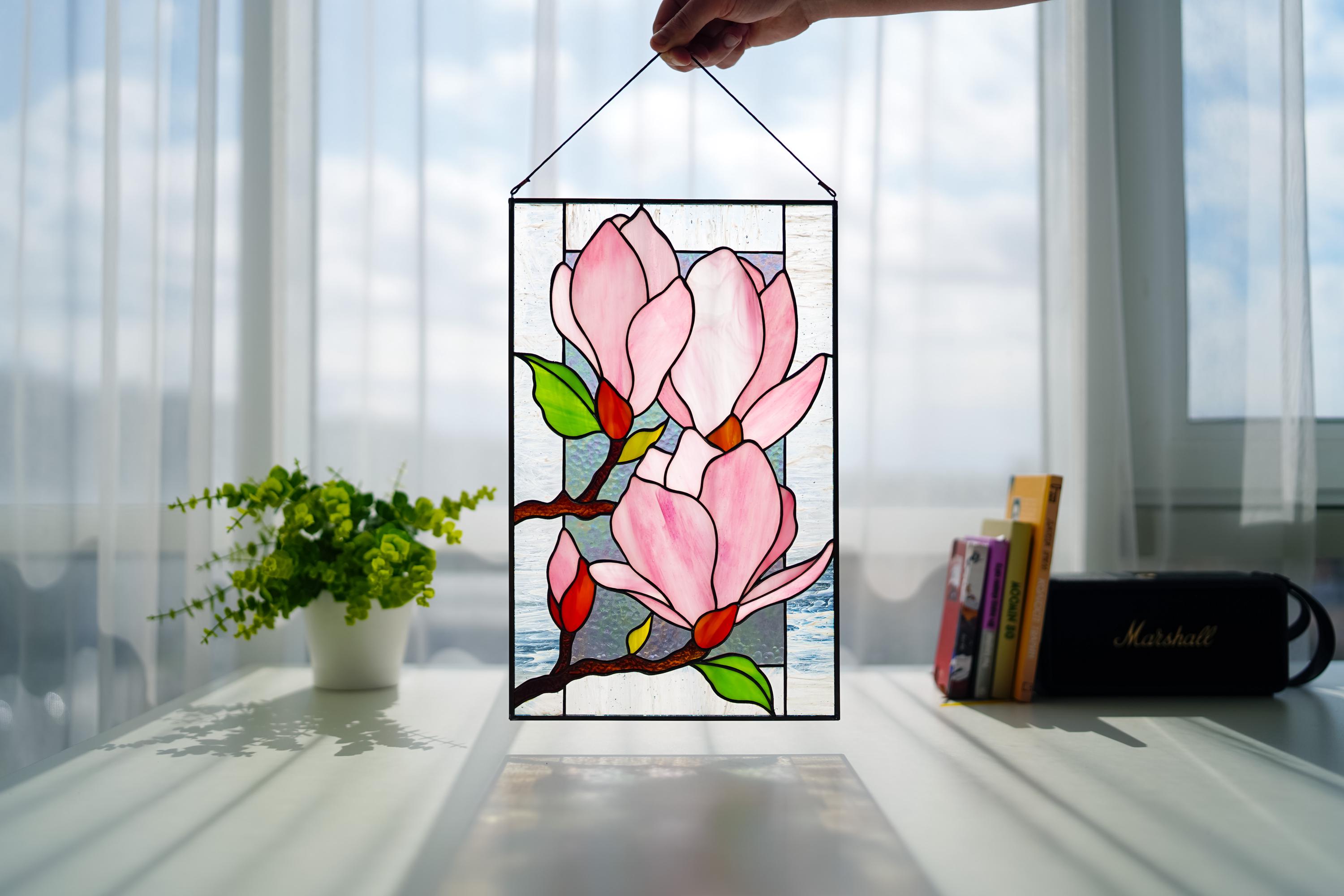Stained Glass Pink Magnolia Panel 15.5x10 Inch, Handmade Window Hanging, Floral Branch Wall Art, Tiffany Technique, Mother's Day Gift
