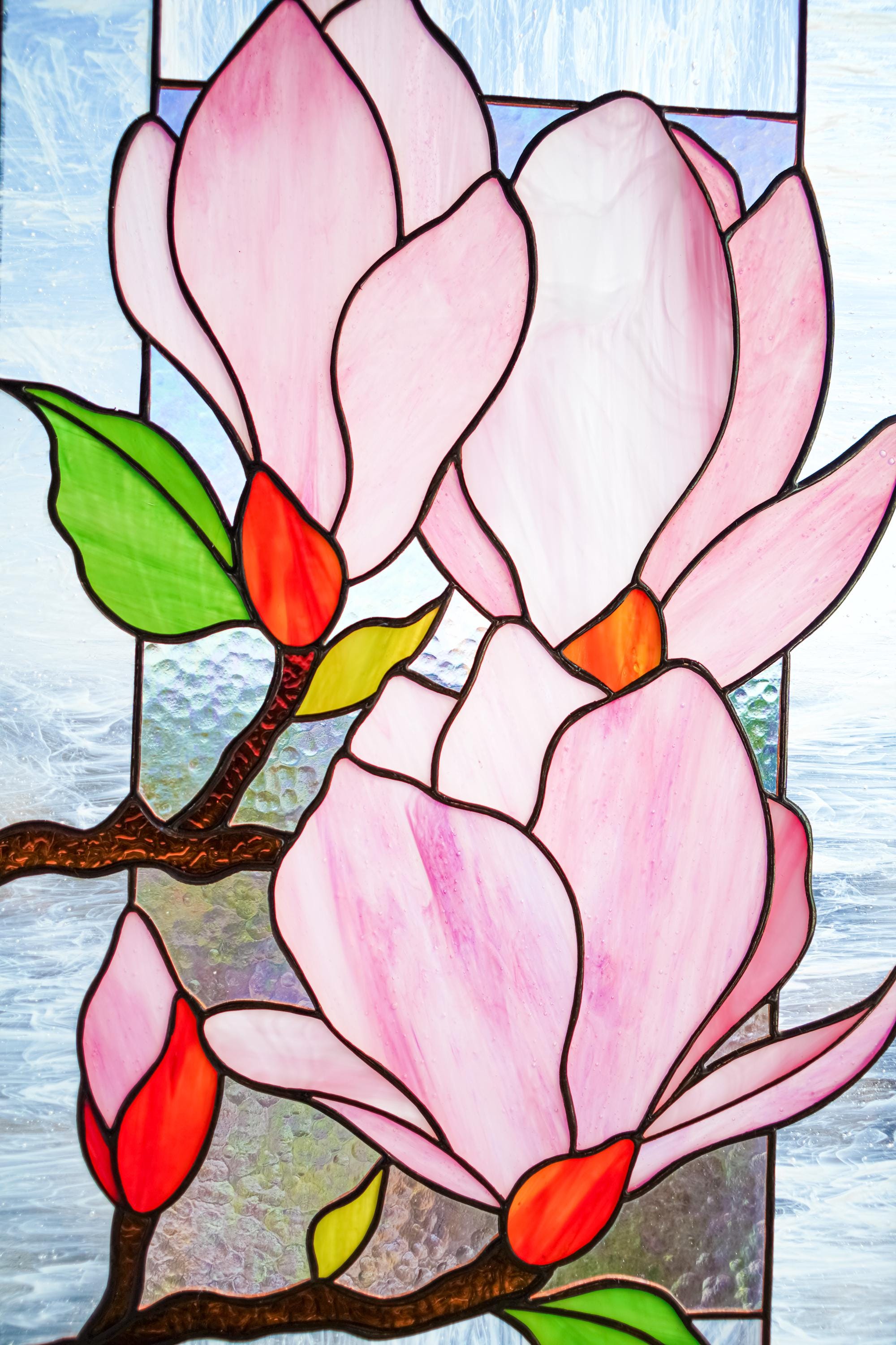 Stained Glass Pink Magnolia Panel 15.5x10 Inch, Handmade Window Hanging, Floral Branch Wall Art, Tiffany Technique, Mother's Day Gift