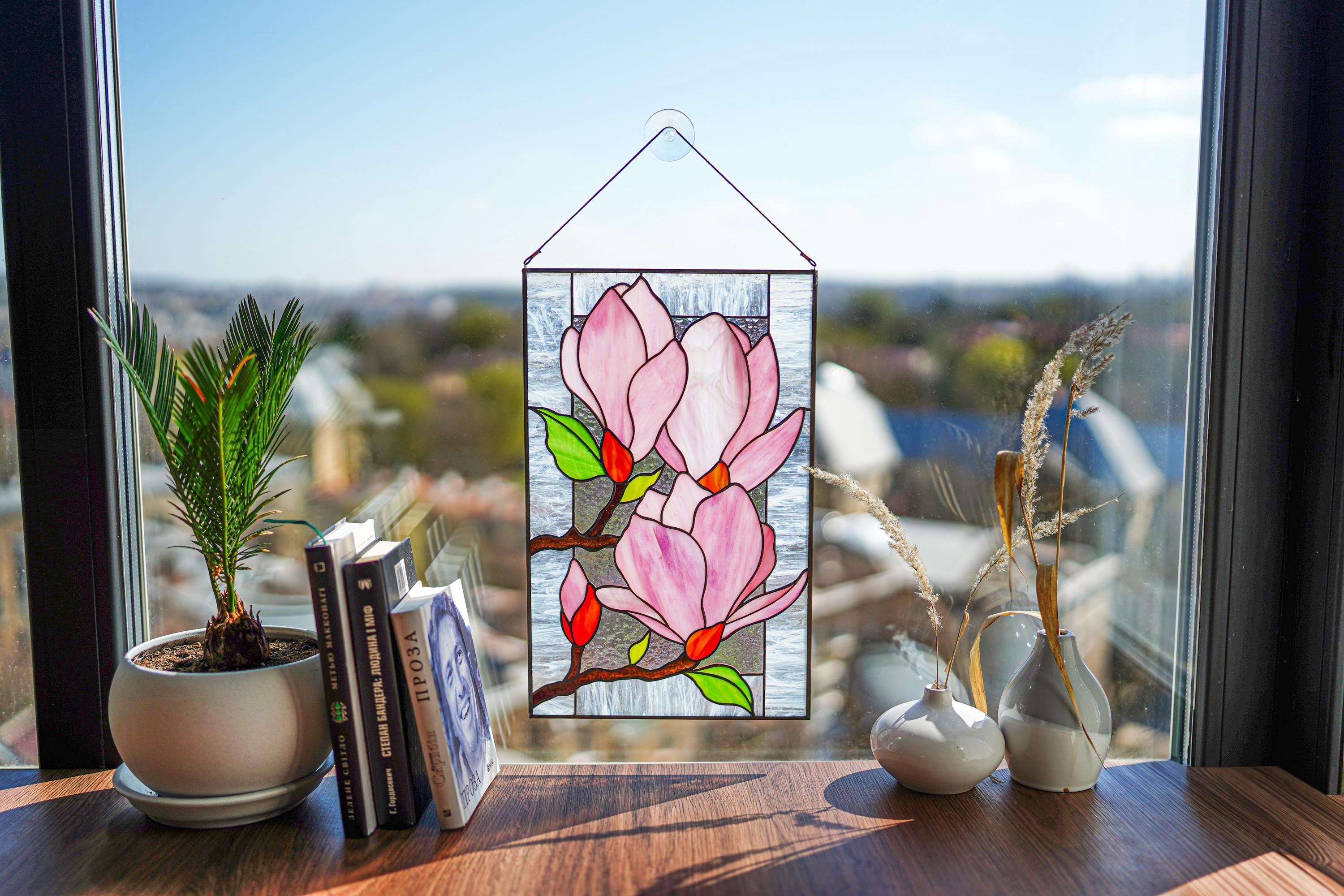 Stained Glass Pink Magnolia Panel 15.5x10 Inch, Handmade Window Hanging, Floral Branch Wall Art, Tiffany Technique, Mother's Day Gift