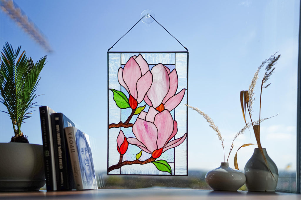 Stained Glass Pink Magnolia Panel 15.5x10 Inch, Handmade Window Hanging, Floral Branch Wall Art, Tiffany Technique, Mother's Day Gift