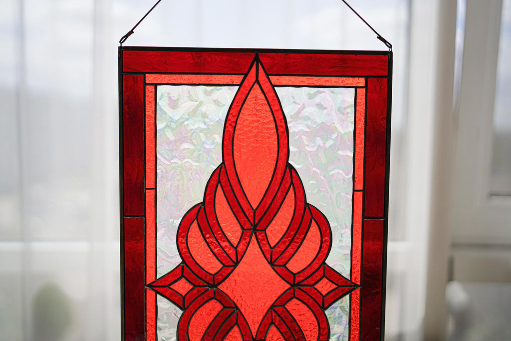 Red Orange Flame Stained Glass Panel Suncatcher, Abstract Fire Iridescent Window Hanging 19x11 In, Best Mothers Day Gift for Her