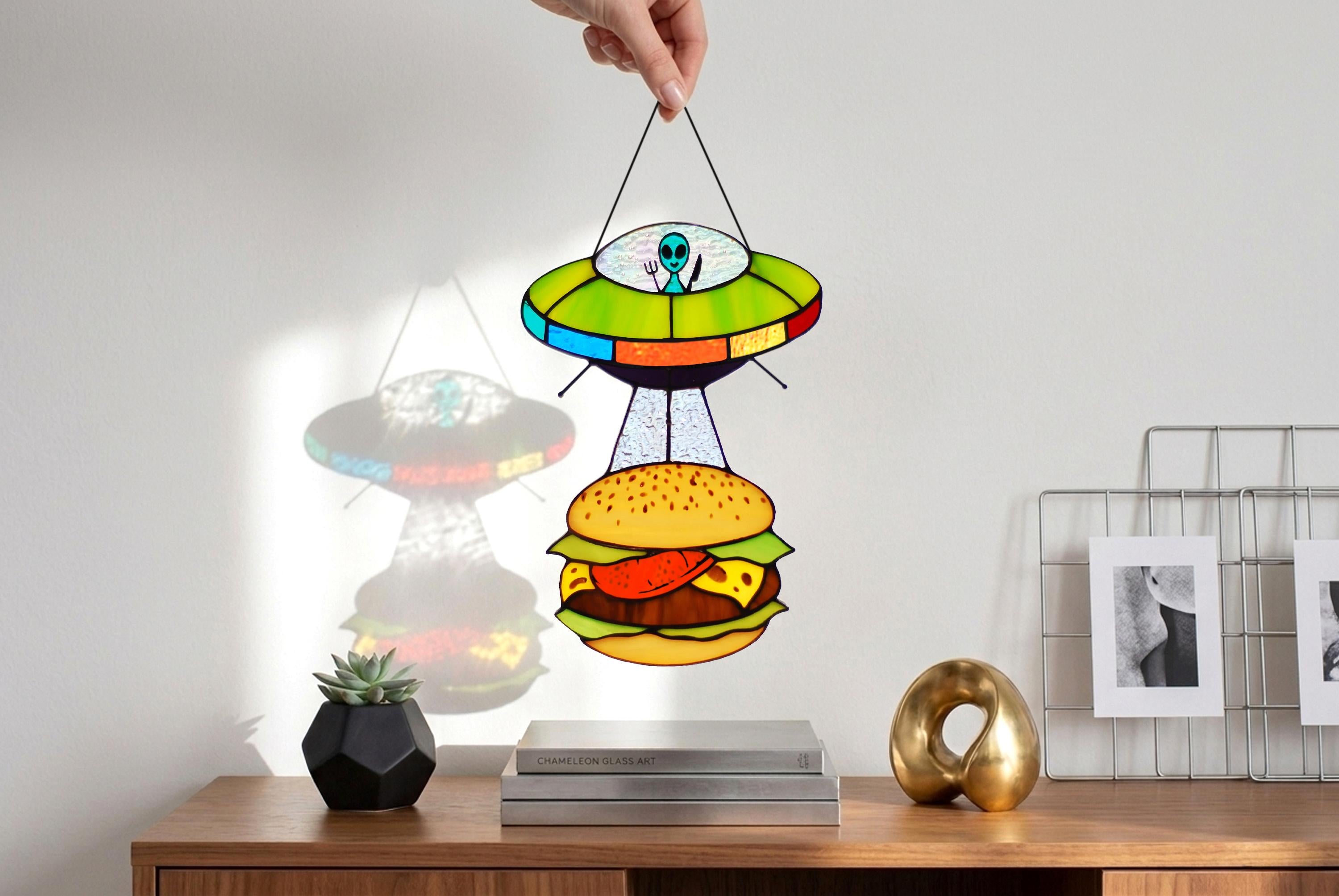 Stained Glass UFO Suncatcher 8x5 Inch, Funny Alien Burger Window Hanging, Humorous Kitchen Decor, Handmade Tiffany Glass, Unique Gift