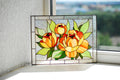 Orange Peony Stained Glass Window Hanging, Horizontal Window Panel Flower Stained Glass Suncatcher Tiffany Window Decor Personalized gift
