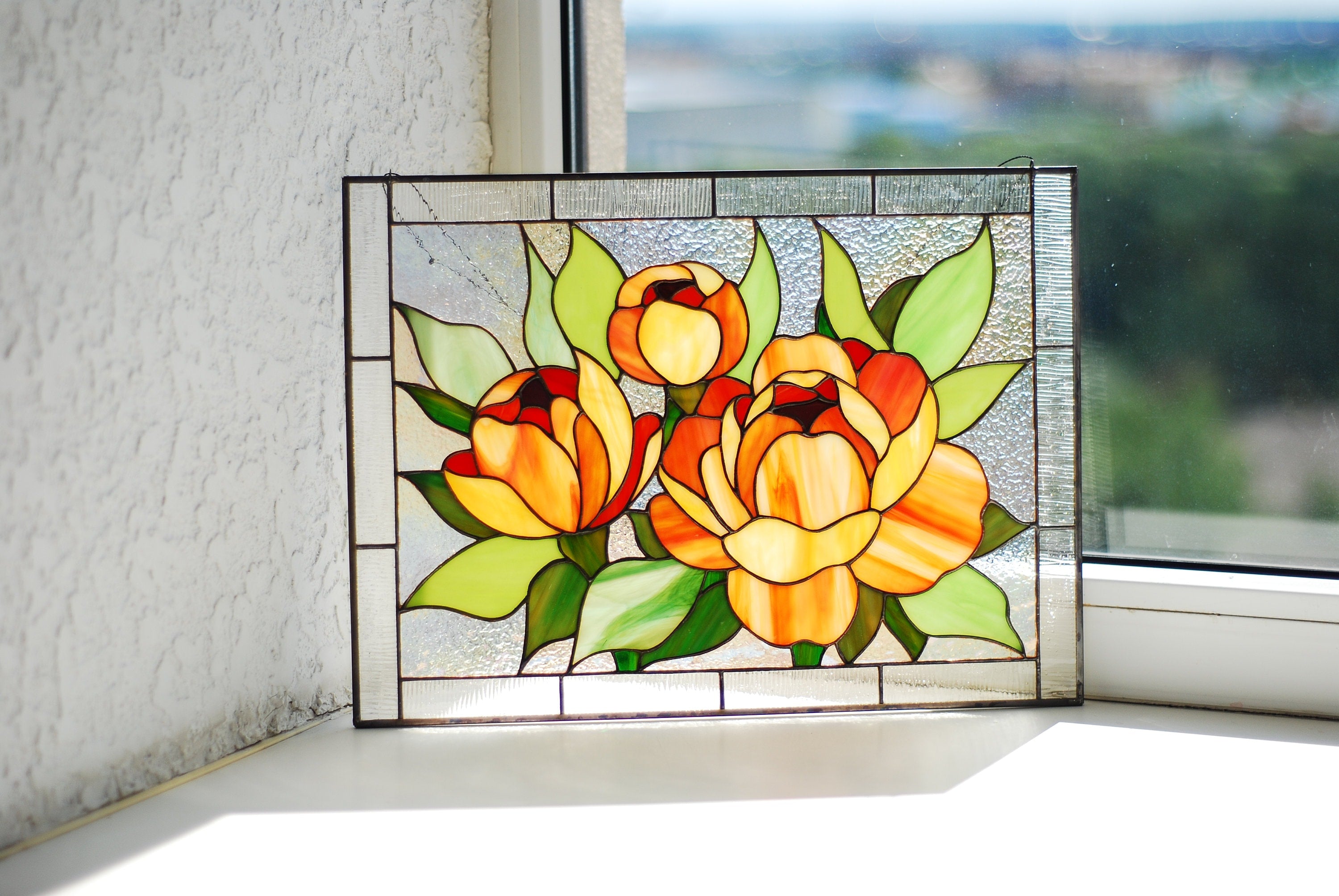 Orange Peony Stained Glass Window Hanging, Horizontal Window Panel Flower Stained Glass Suncatcher Tiffany Window Decor Personalized gift